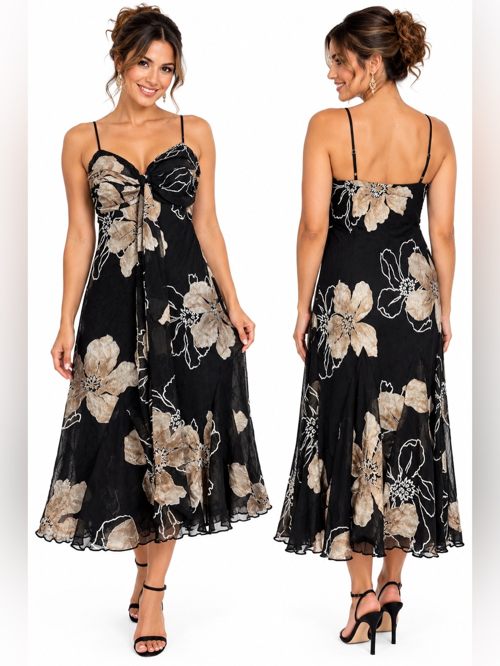S.L. Fashions Dress Size 8 Black Champagne Floral Burnout Midi NWT
